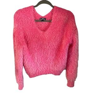 Freshman Fuzzy Knit Cropped Sweater Hot Pink V Neck Long Sleeve Women Size S